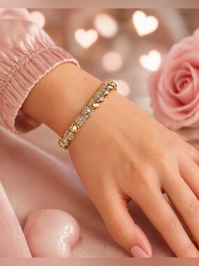 Gold Tone Heart Crystal Tennis Bracelet CM Signed